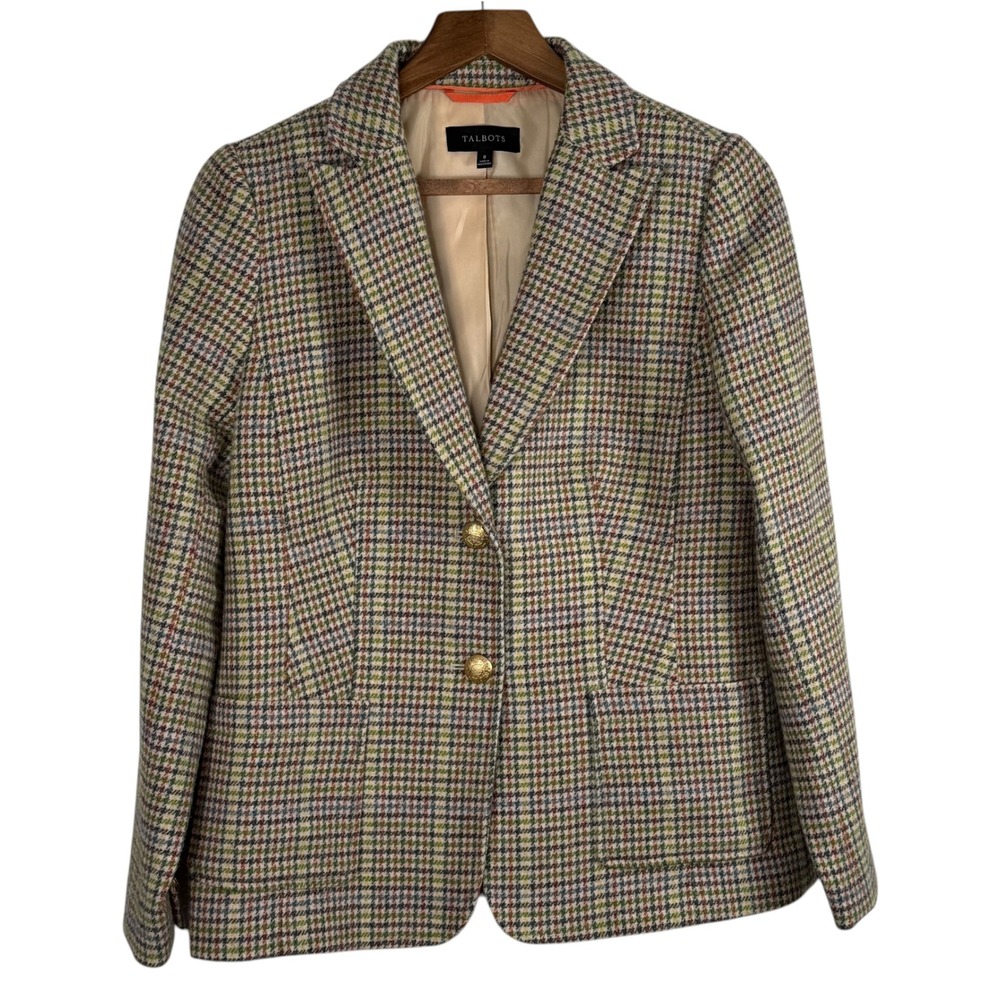 Talbots Classic Shetland Blazer Morning Plaid Wool Jacket Multi Color Size 8